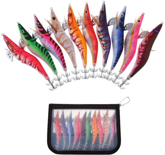 Attrezzo per pesca con calamari a luce 10 pezzi - luminoso - punte dure - doppia uncia paraschermo - occhi 3D - azione di nuoto naturale - inclusa borsa - attrezzo per pesca