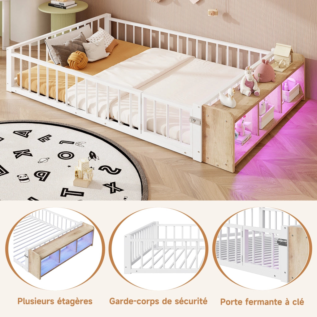 Letto per Bambini 140×200 cm; Letto Matrimoniale con Sponda; Vano Aperto e LED; senza Materasso; Bianco