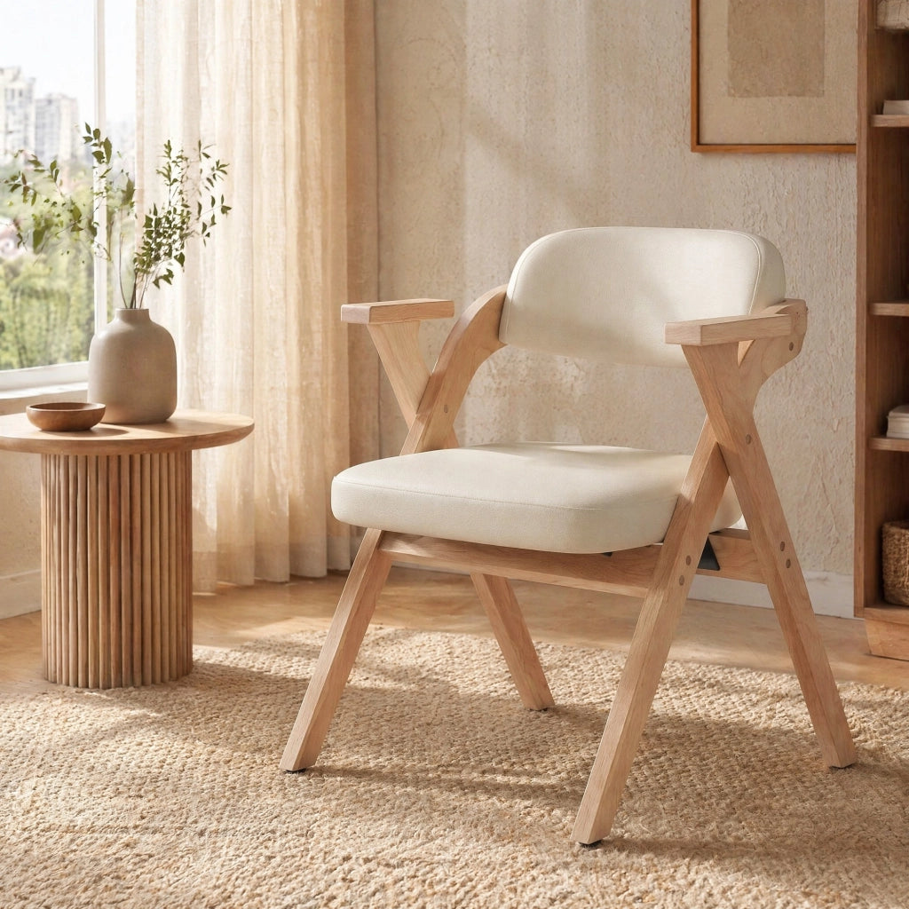 Set di 2 sedie da pranzo pieghevoli in legno massiccio con cuscino in lino, beige