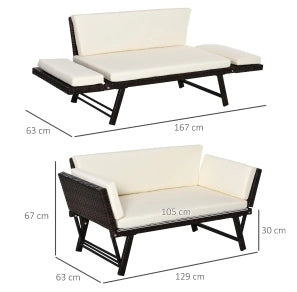 Divano da giardino in rattan marrone con braccioli reclinabili