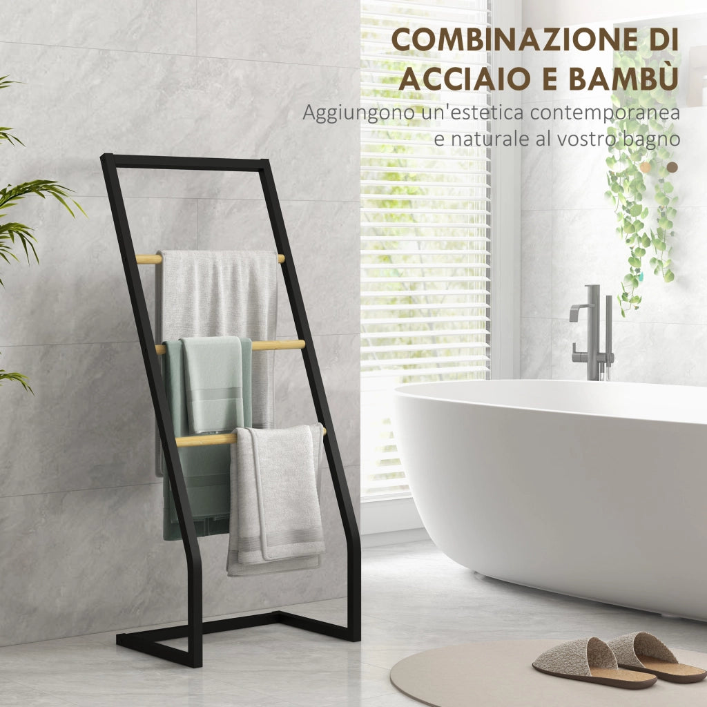 Portasciugamani in Acciaio e Bamb¨´ ¨C zephmum ¨C Nero e Legno 40.5x28x98cm