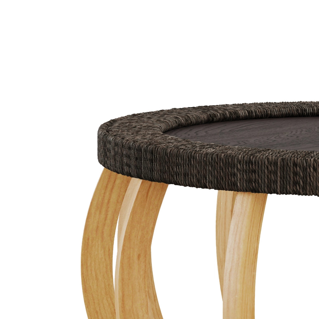 Tavolino basso rotondo in legno e MDF con gambe curve stile boho per soggiorno nero marrone 90 × 90 × 43 cm