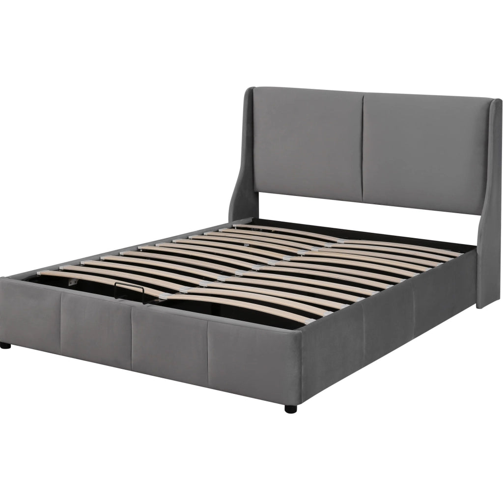 Letto matrimoniale con contenitore e testiera a orecchie 140x190 cm in velluto grigio
