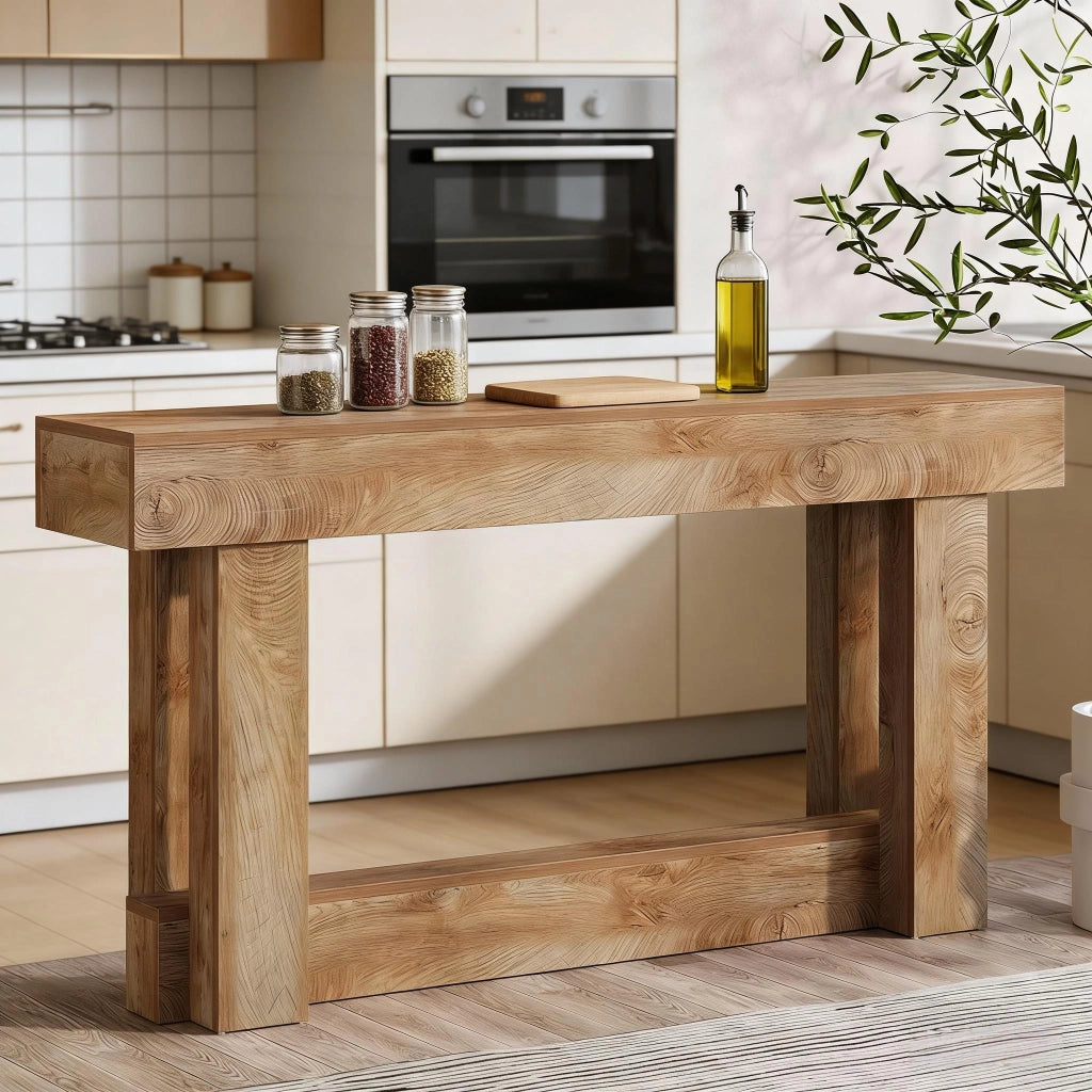 Consolle con base a U e ripiano inferiore, stile vintage, per ingresso e soggiorno, in legno, marrone, 160 × 30 cm