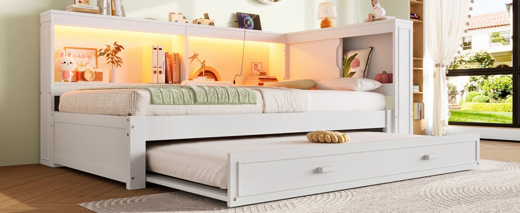 DESMIU Letto Divano 90 × 200 cm 1 posto con letto estraibile, LED, presa, USB e Type-C, senza materasso, bianco