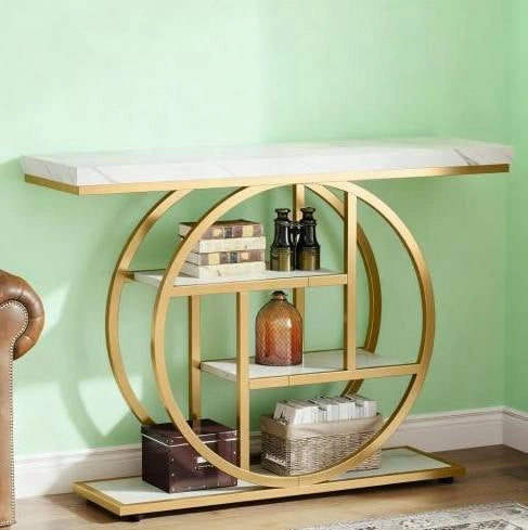 Console 105x30x80 cm bianca e dorata, 4 livelli, struttura in metallo e legno