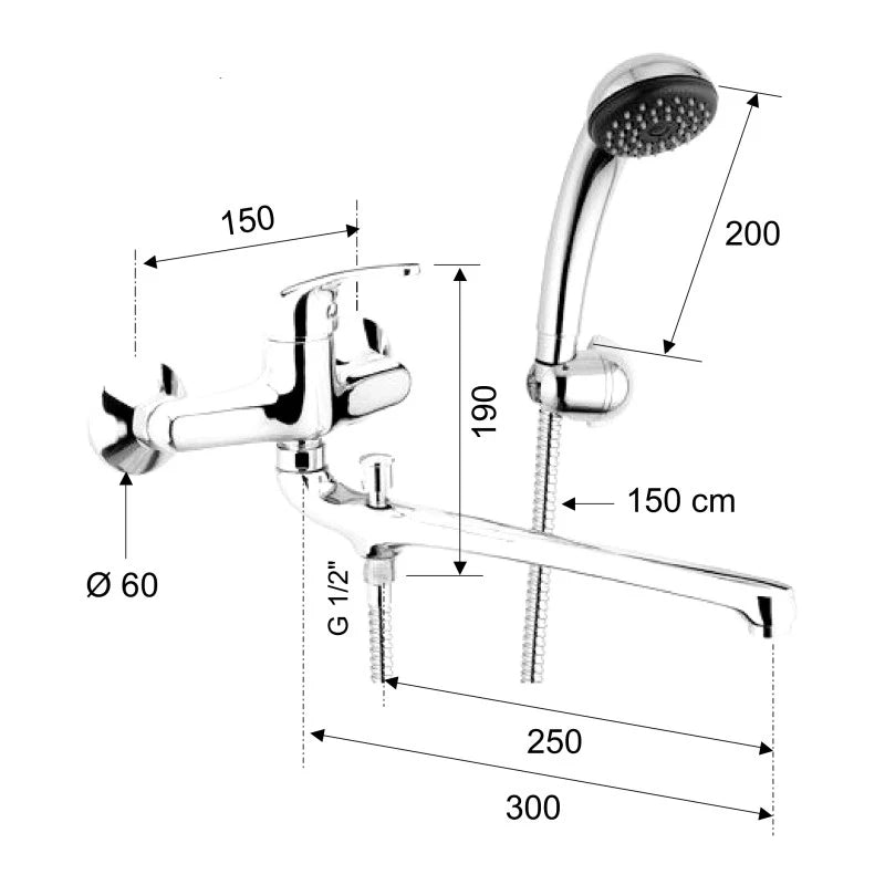 Rubinetto lavabo/vascacon bocca fusa lunga e kit doccia - serie 35