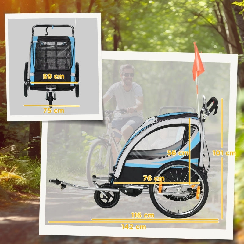 Rimorchio bici per bambini 2 in 1 blu con funzione passeggino, cintura a 5 punti e ruote da 20 pollici