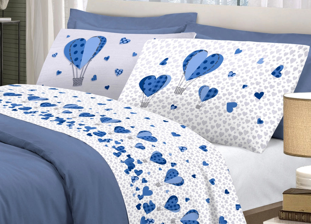 Completo Lenzuola Linea Pensieri Delicati 100% Cotone Disegno Mongolfiera - Matrimoniale - Blu