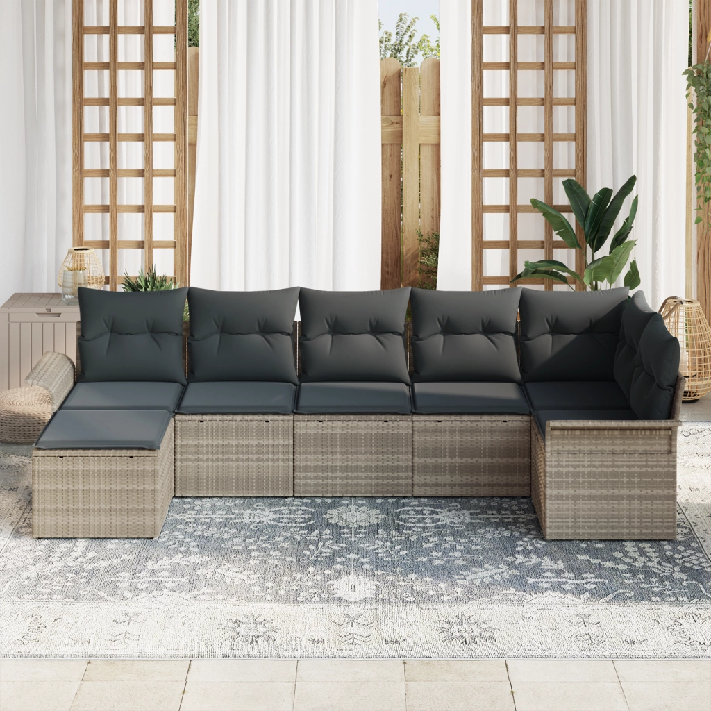 Set di Divani da Giardino in 7 Pezzi con Cuscini Grigio Chiaro Rattan Sintetico