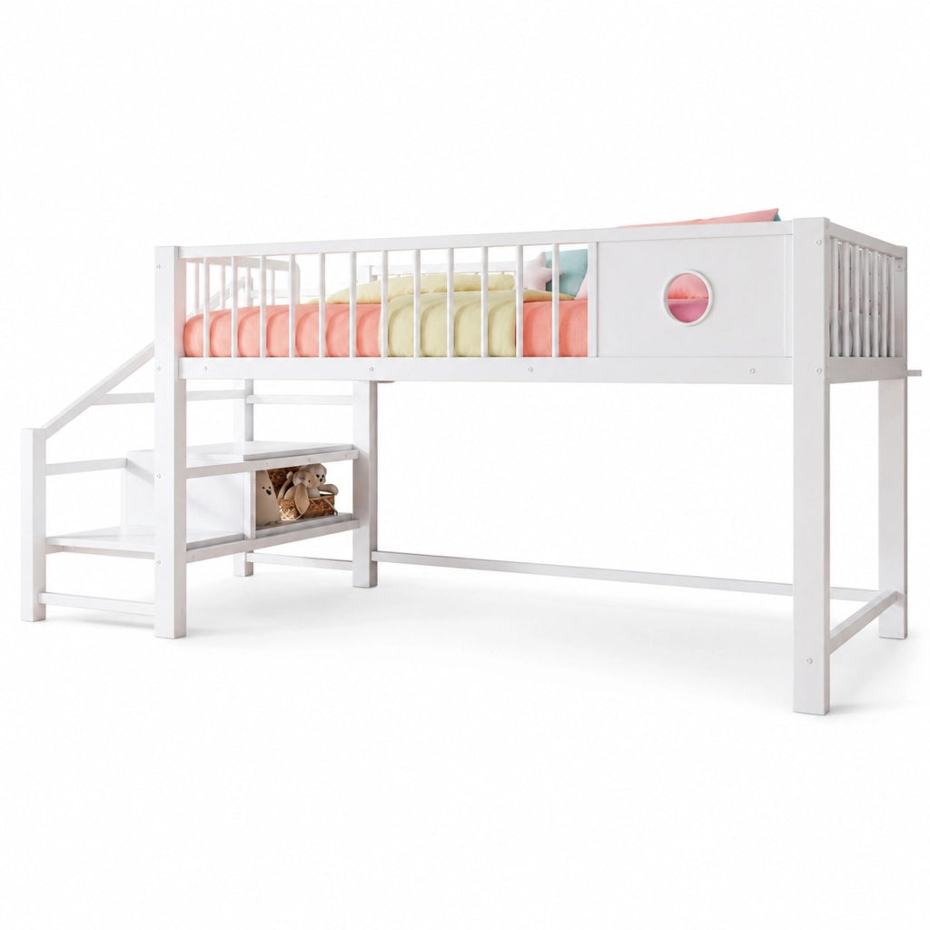 Letto a soppalco basso per bambini 90x200 cm in metallo bianco