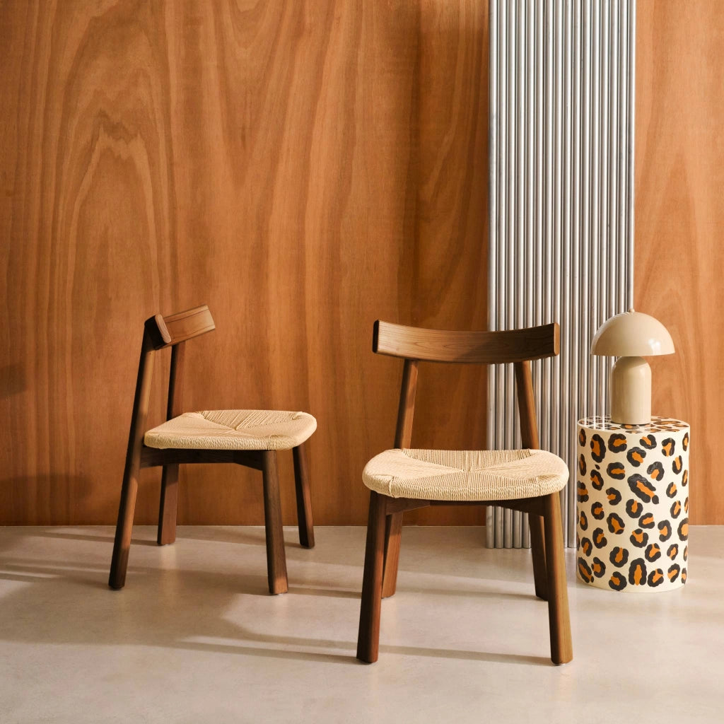 Set 2 sedie scandinave legno hevea seduta in corda, effetto noce