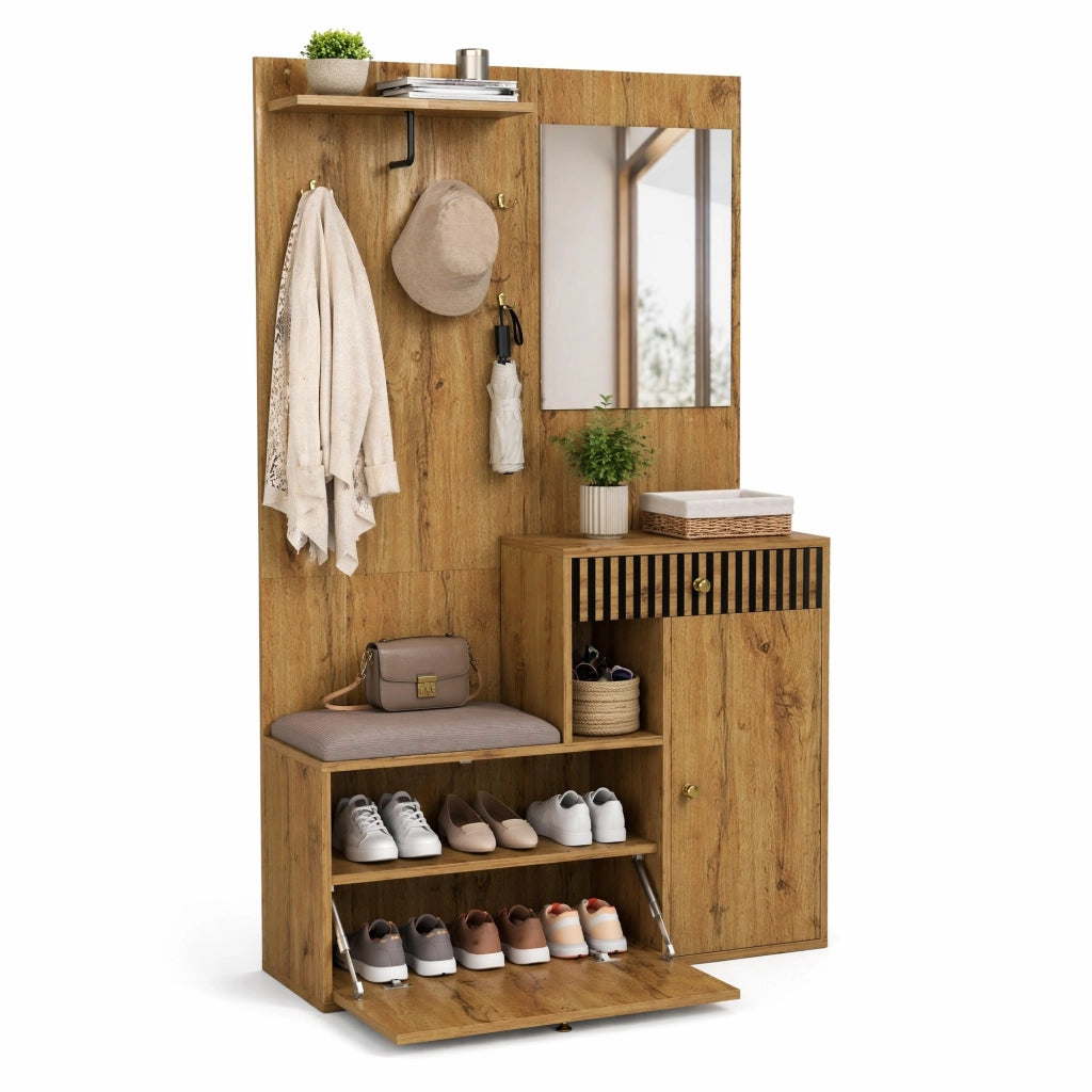 Mobile ingresso con specchio; seduta imbottita e ripiani regolabili 110 x 37 x 185;5 cm; nero e naturale