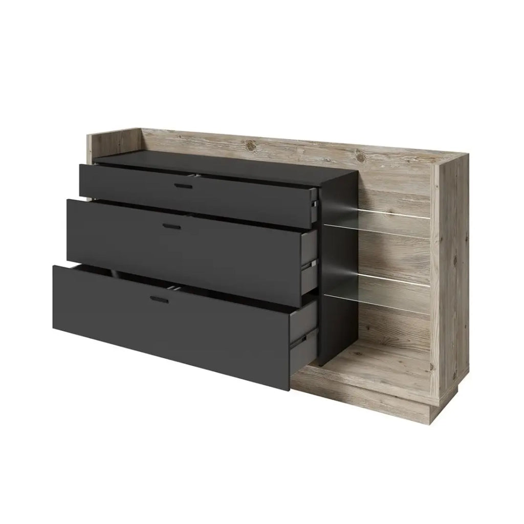 Credenza design XL 200cm. Collezione CORK con 3 cassetti e scaffali. Colori pino e grigio antracite.