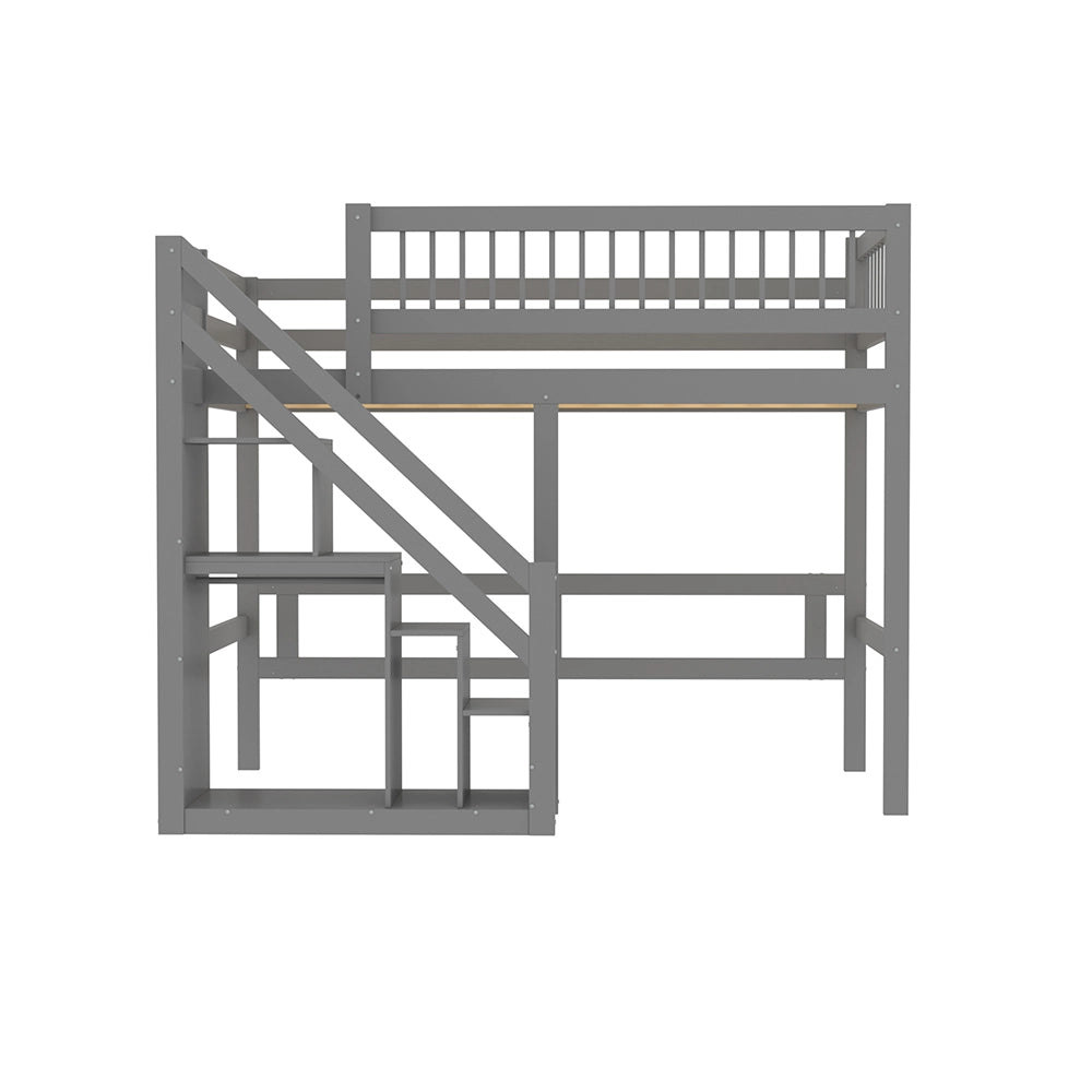 Lit superposato per bambini - Xylo - 90x200 cm - Legno massiccio - Grigio - Scala e armadio di stoccaggio