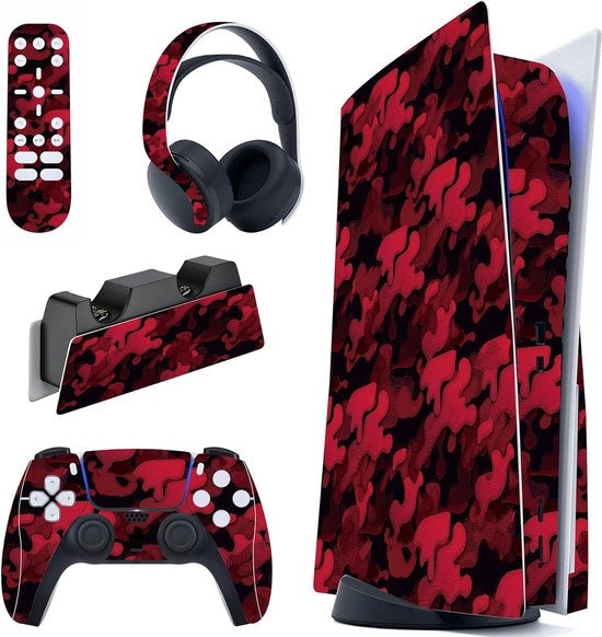 Sticker per PS5 - Sticker per PS5 per Edizione Disco + Incluso per Controller, Stazione di Ricarica, Headset & Telecomando - Edizione Limitata Nero e Camouflage Rosso