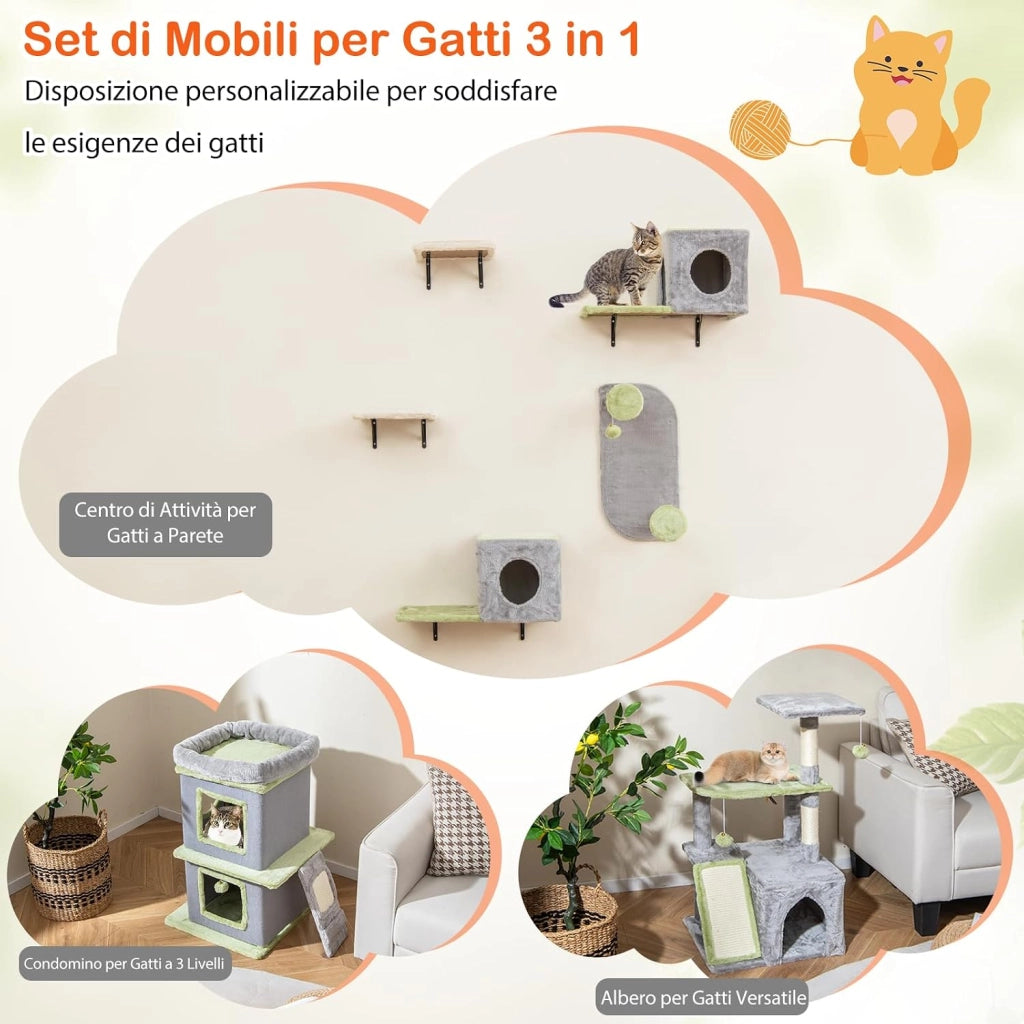 3 in 1 Set di Albero per Gatti, Tiragraffi per Gattini con Condominio, Cat tree a 3 Livelli, Albero da Arrampicata Versatile