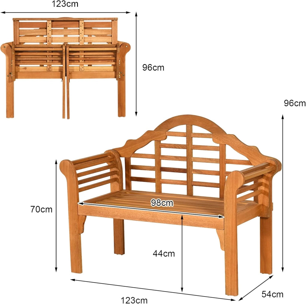 Panca da giardino pieghevole in legno per 2 persone, panca da giardino dal design elegante con schienale inclinato e braccioli ergonomici, panca da esterno di carico 320 kg per giardino