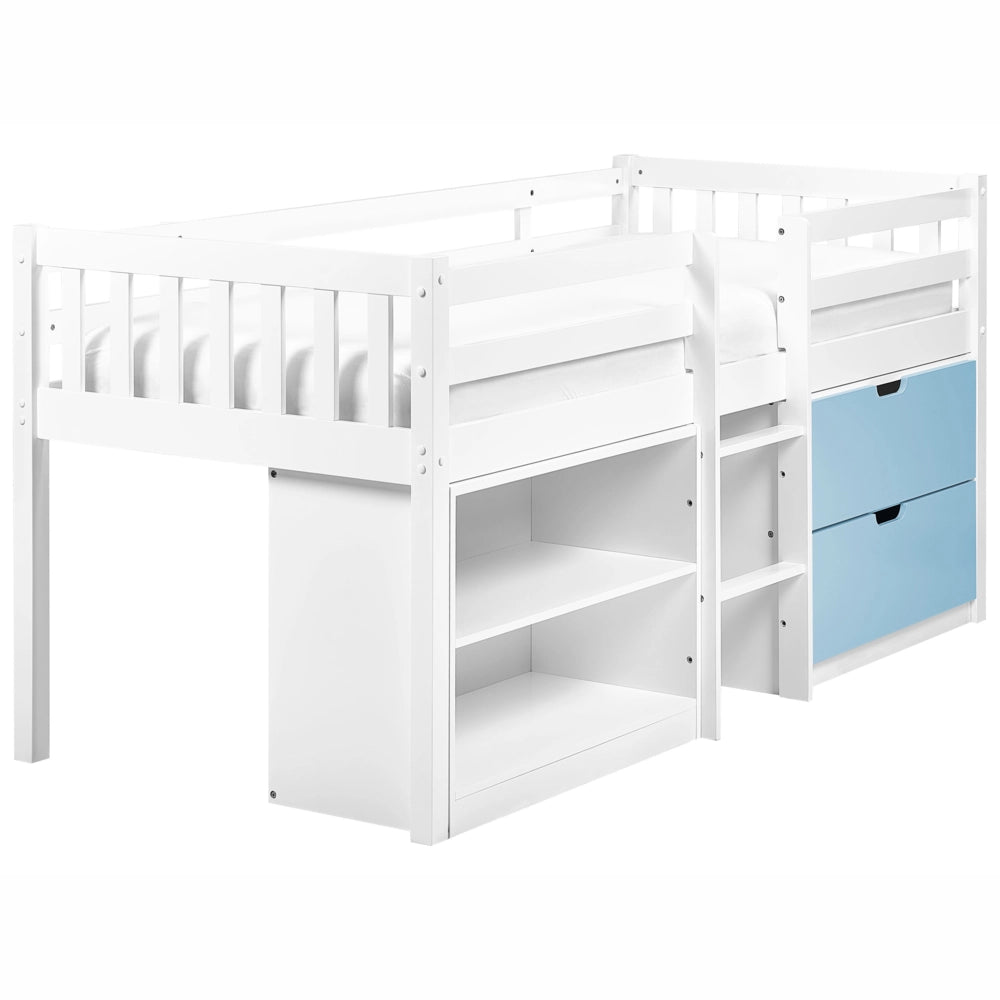 Letto per bambini bianco e blu in legno 90 x 200 cm con rete a doghe, cassetti e ripiani, letto per bambini piccoli