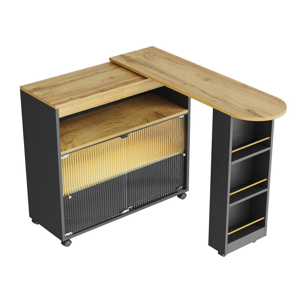 Tavolo Bar Estensibile con 3 Vani e 3 Livelli di Contenimento; LED; Ruote; in MDF; Nero; 138-204x39x105 cm