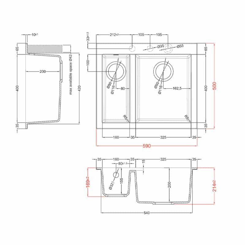 Lavello Elleci Incasso 2 vasche 59x50 Quadra 150 Granitek Antracite LGQ15059