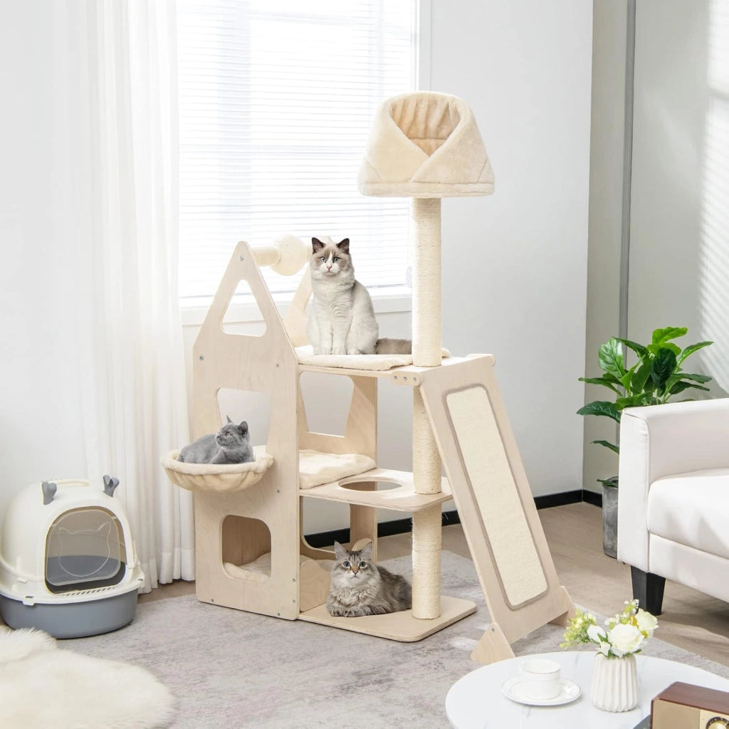 Tiragraffi per Gatti in Legno, Tiragraffi per Gatti con Cuccia, Piattaforma, 3 Cuscini Rimovibili e Lavabili e Tiragraffi, Albero Tiragraffi per Gatti Medi e Grandi, 111 x 42 x 155 cm