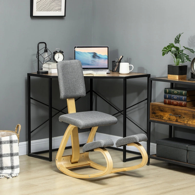 Sedia ergonomica inginocchiata con schienale e base oscillante in legno di betulla e poliestere grigio