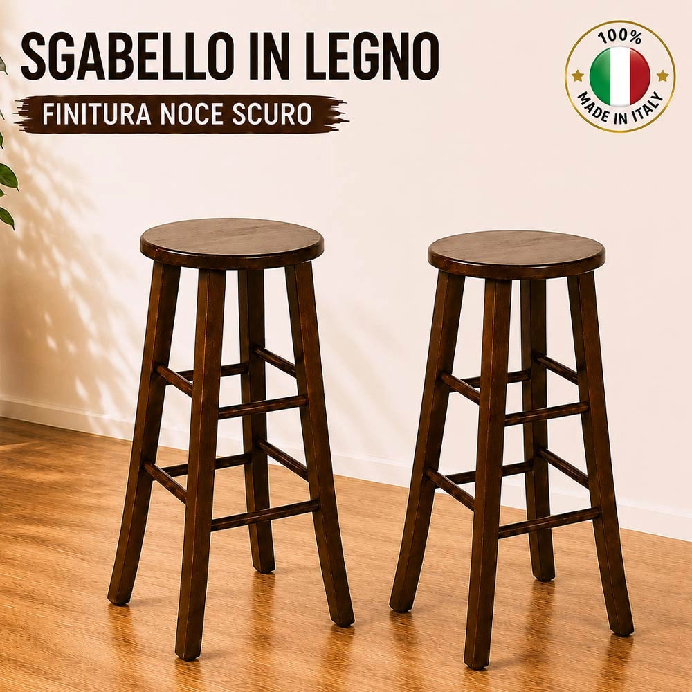 Sgabello Bar Legno Massello Noce Scuro h 67 cm Seduta Tonda, Set 2 Pezzi
