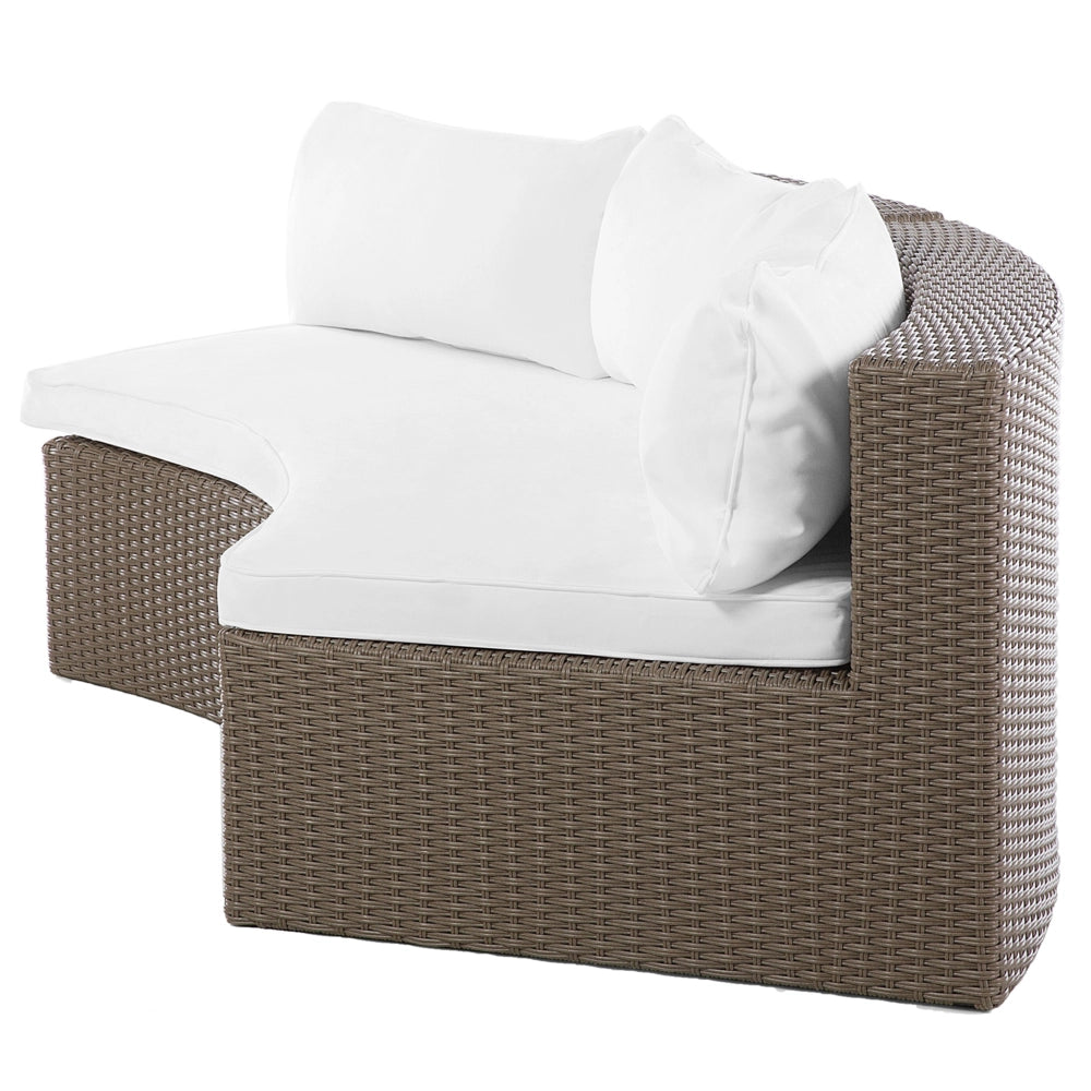 Set divano ad angolo da giardino marrone finto rattan a forma di U 9 posti cuscini bianchi curvi con tavolo set di conversazione