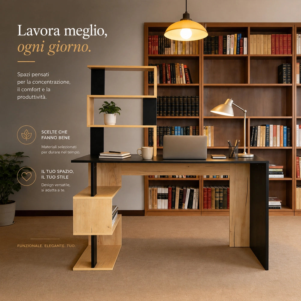 Scrivania con Libreria 120x60x148 cm Ripiani con Struttura Geometrica in Legno Nero e Quercia
