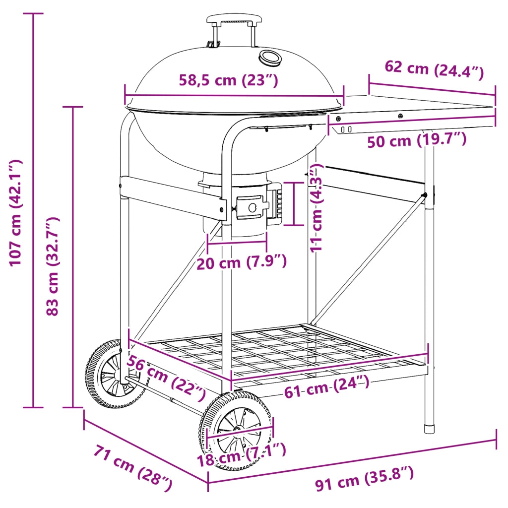 Carrello Barbecue a Carbone  con Coperchio Nero 96x72x113 cm in Metallo