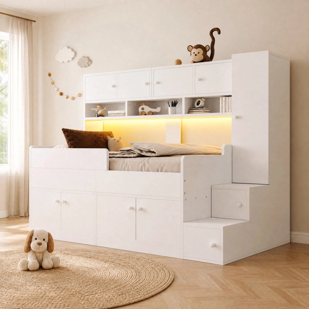 Letto a soppalco 90 × 200 cm con scala contenitore armadio LED e barriera in legno bianco