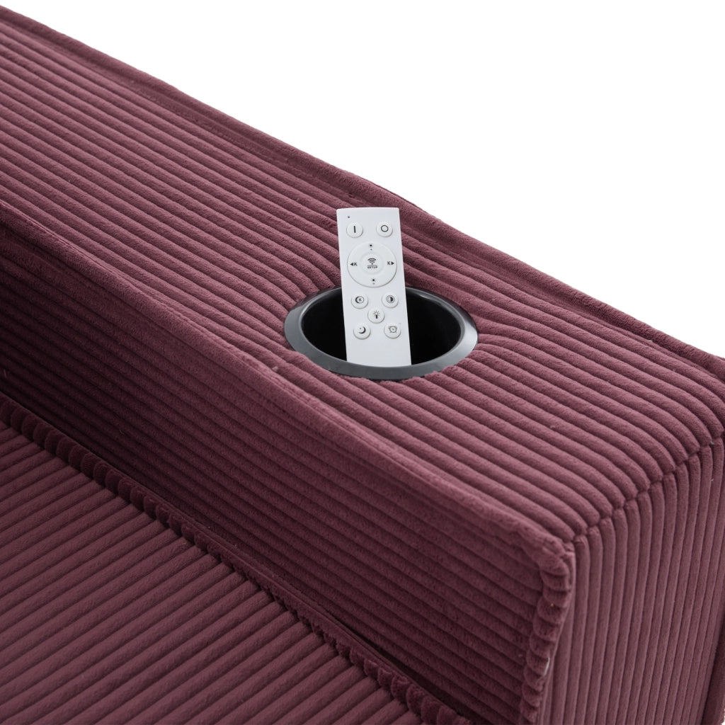 Pouf divano 2 posti in velluto a coste, colore wine red, con 2 cuscini e tasche laterali