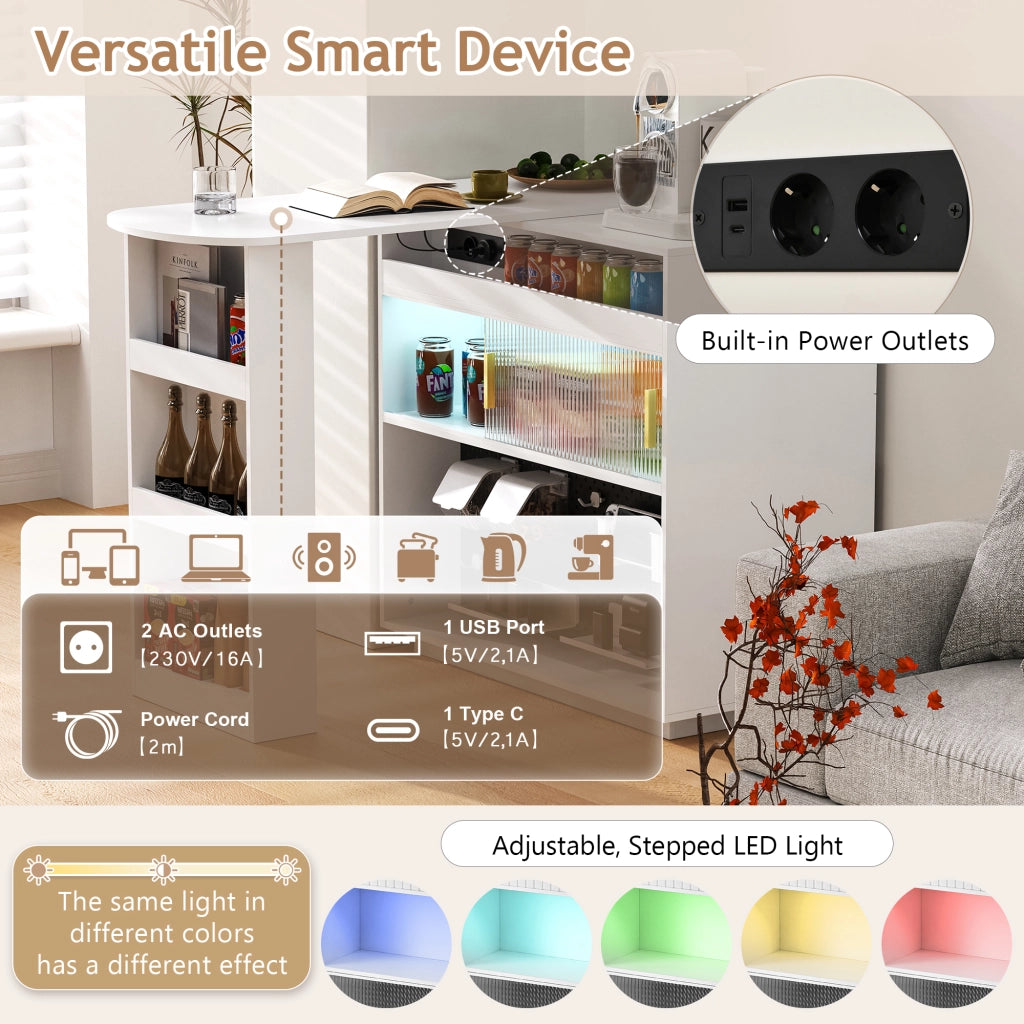 Mobile Bar Estensibile e Girevole con Vani Contenitori; LED e Porte USB e Type C per Cucina; MDF; Bianco; 120 x 50 x 95;5 cm
