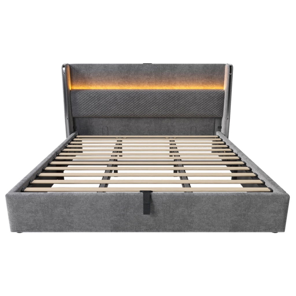 Letto matrimoniale con contenitore 180x200 cm in lino grigio con testiera alta; LED e USB/Type-C