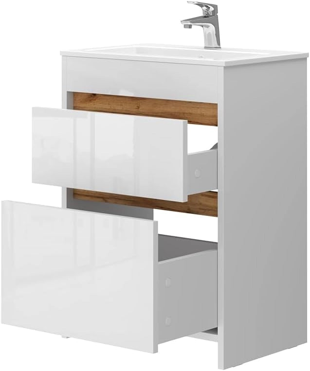Set di mobili da bagno Detmold, Bianco lucido/oro power oak, 59.6 cm, composto da mobile sottolavabo e lavabo