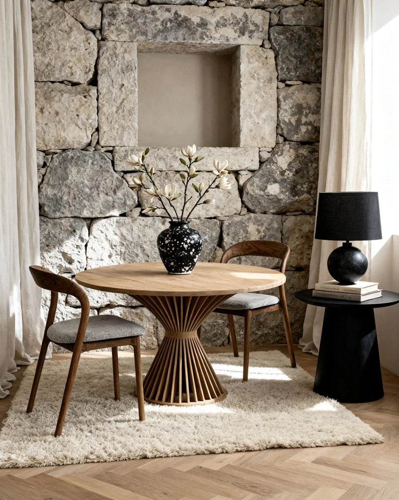 Sedia ULEVR in legno massello di frassino, seduta imbottita in tessuto color noce, 86x56x53 cm