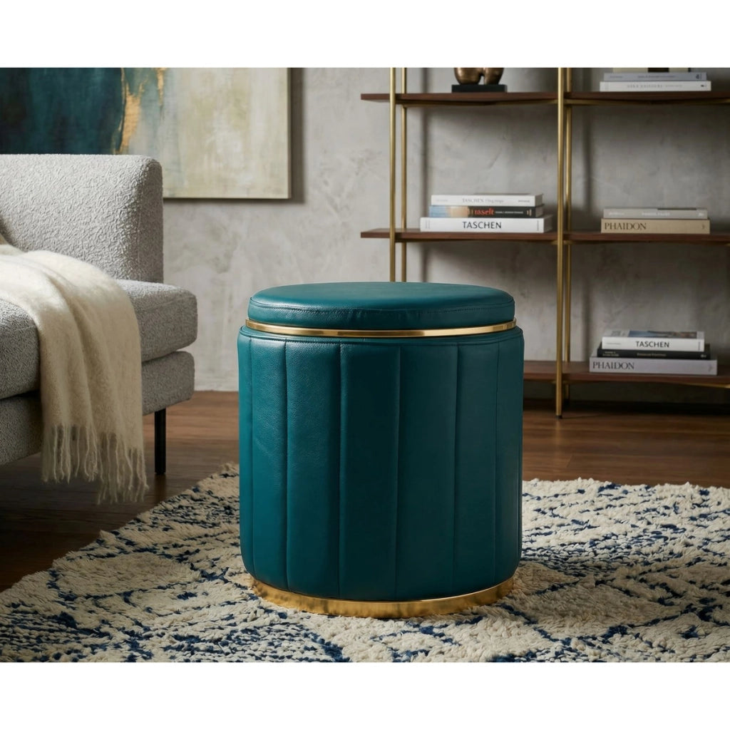 Pouf London in poliuretano ottanio con dettagli oro