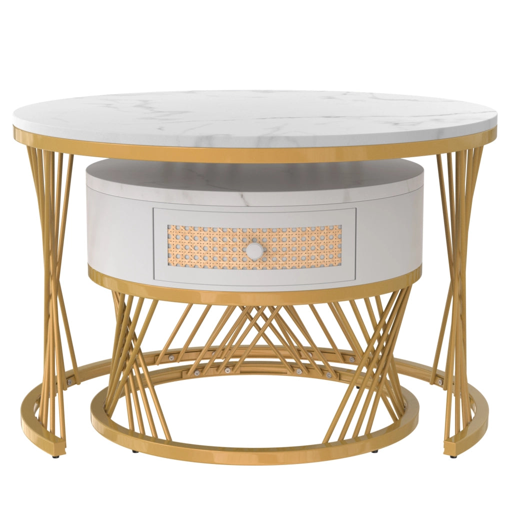 Set 2 tavolini rotondi 70 cm bianco in MDF con cassetto e struttura metallica