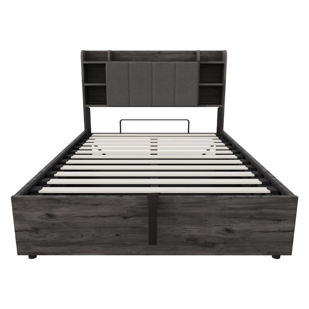 OKWISH Letto contenitore 140×200 cm, Letto Matrimoniale con Contenitore Idraulico, USB, Tipo C e Scomparti, senza Materasso, MDF, Grigio