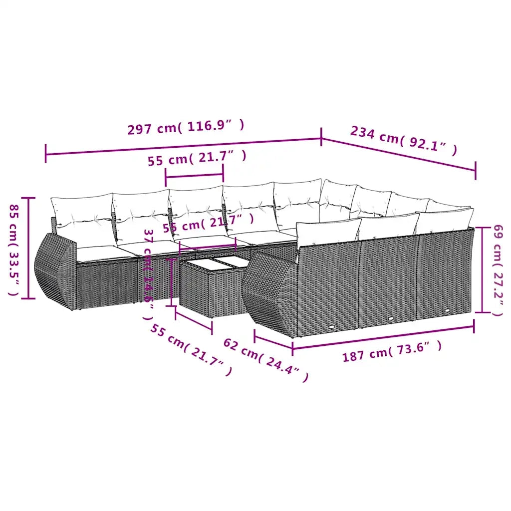 Set Divani da Giardino 11 pz con Cuscini in Polyrattan Nero 3254232