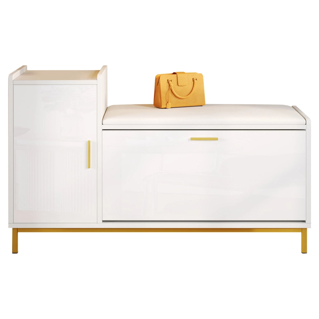 Scarpiera con seduta 100 x 38 x 68 cm, bianco e oro, con 2 ripiani, 1 vano e finitura lucida