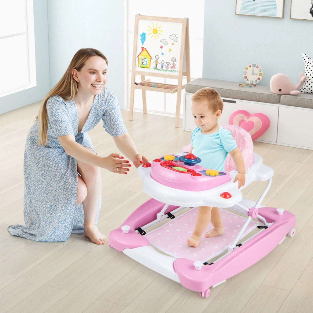 Girello per bambini con altezza regolabile vassoio musicale rimovibile, Centro attivit¨¤ per bambini di 6+ mesi Rosa-Primi passi
