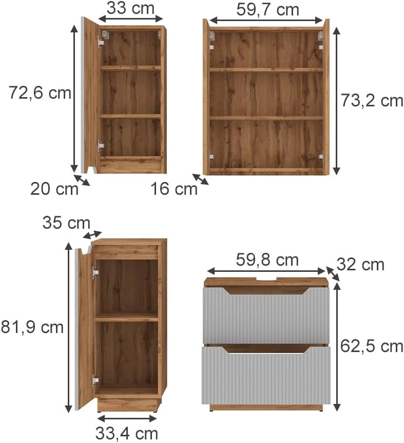 Set di mobili da bagno Lotta, Grigio, 59.8 cm, composto da mobile sottolavabo, specchiera, armadio medio e pensile