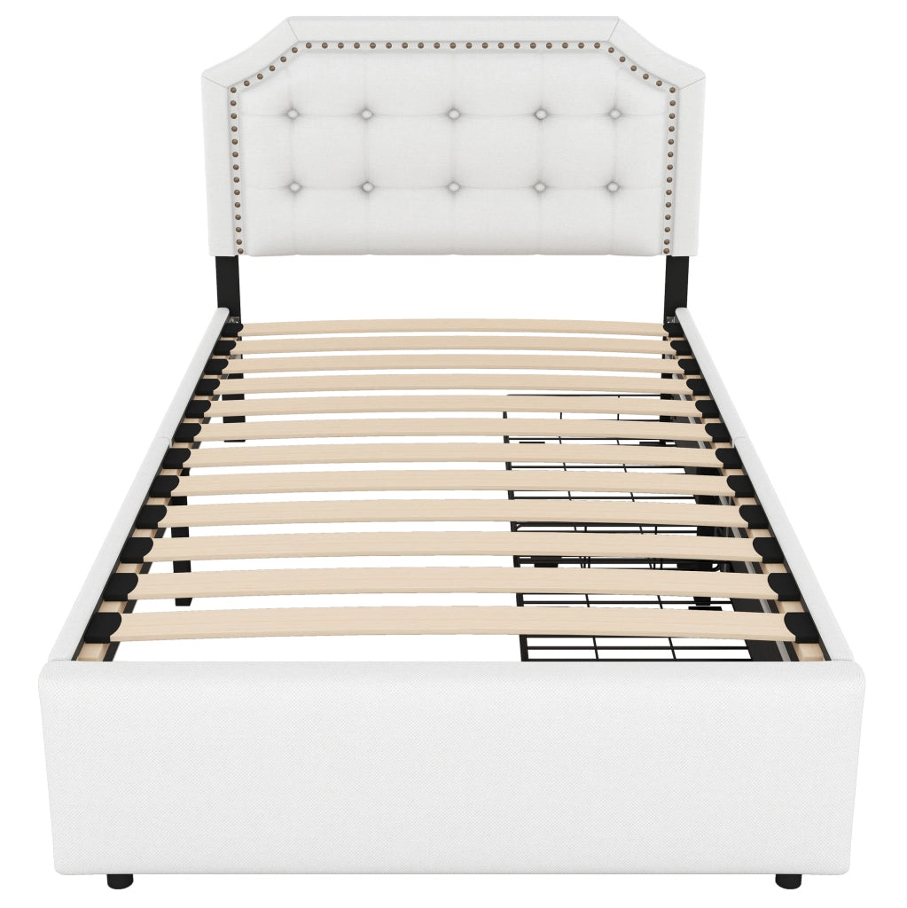 Letto imbottito 90x200 cm con cassetti; MDF e lino; beige chiaro