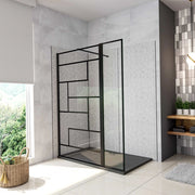 Box Doccia Walk in 140x200cm Parete Fissa 100cm + Paretina 40cm Vetro 8 mm Temperato Anticalcare Serigrafato Nero Riquadri Barra Stabilizzatrice Piatta 90 cm