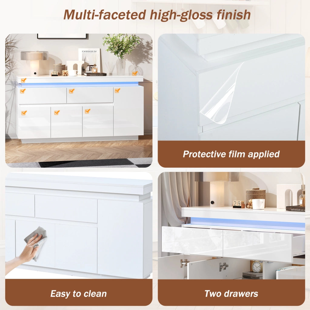 Sideboard moderno 140 x 35 x 72;5 cm in truciolare bianco lucido con LED e 2 cassetti