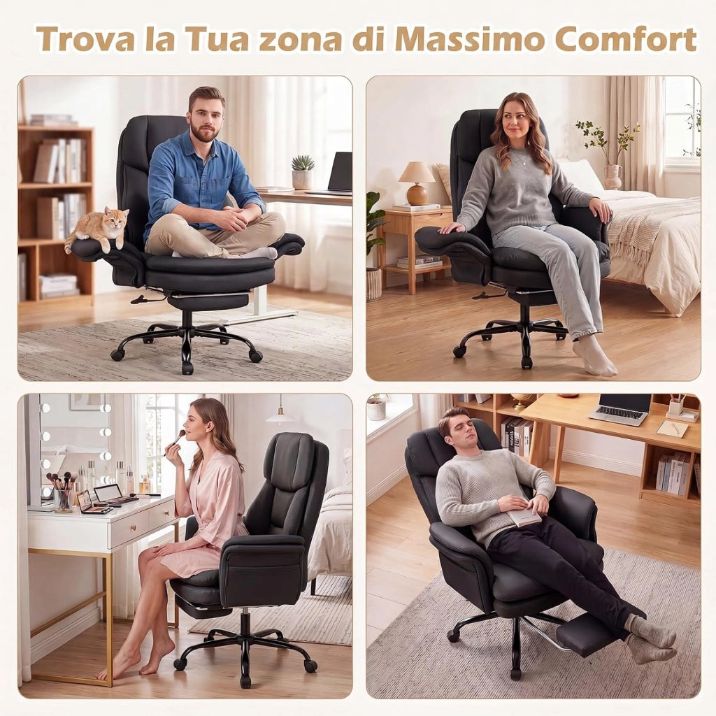 Sedia da Ufficio Ergonomica, Portata 150 kg (Nero) | Sedia Scrivania con Rotelle Girevole, Braccioli Regolabili su 5 Livelli e Poggiapiedi Retrattile, per Casa e Ufficio