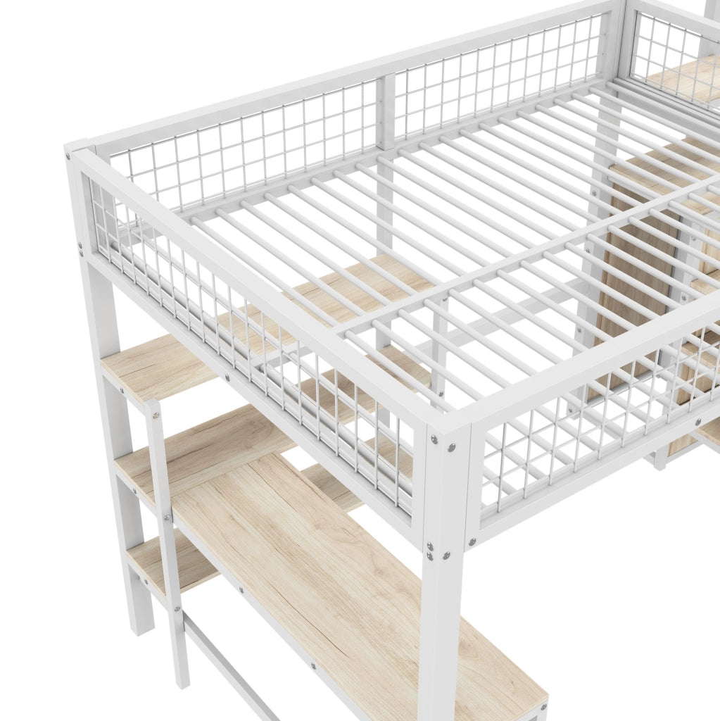 Letto a soppalco 140x200 cm con scrivania; scaffali e armadio in MDF e metallo bianco