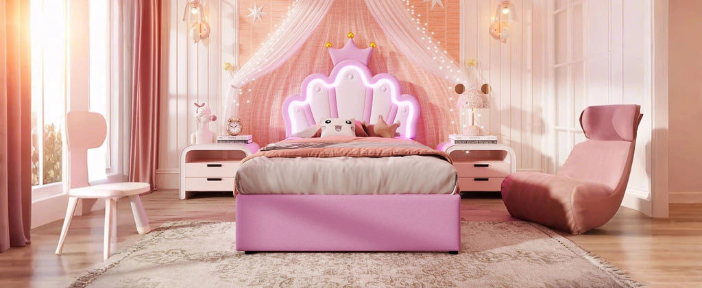 DESMIU Letto per bambini 1 posto con 2 cassetti, LED regolabile e testiera regolabile 90 × 200 cm, senza materasso, rosa